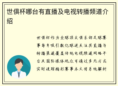 世俱杯哪台有直播及电视转播频道介绍