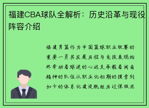 福建CBA球队全解析：历史沿革与现役阵容介绍