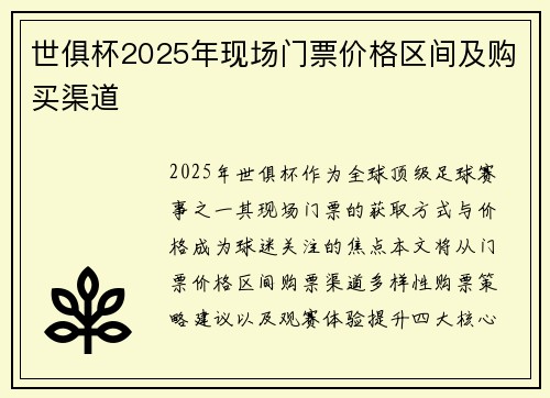 世俱杯2025年现场门票价格区间及购买渠道